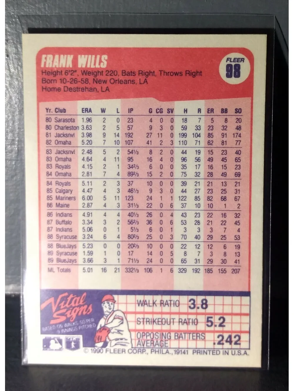 1990 Frank Wills Fleer Baseball Card #98